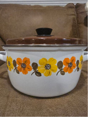 Austria Email Vintage Enamel Dutch Oven Pot 3 Quart White Brown Floral